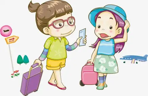 旅行登机的卡通女孩