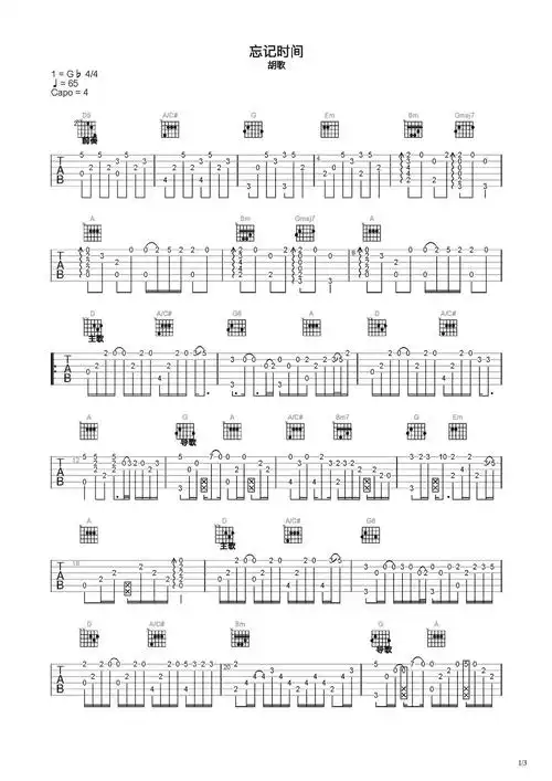 忘记时间吉他谱-指弹谱-c调-虫虫吉他