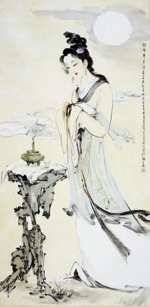 白伯骅古装四美图之貂蝉拜月图