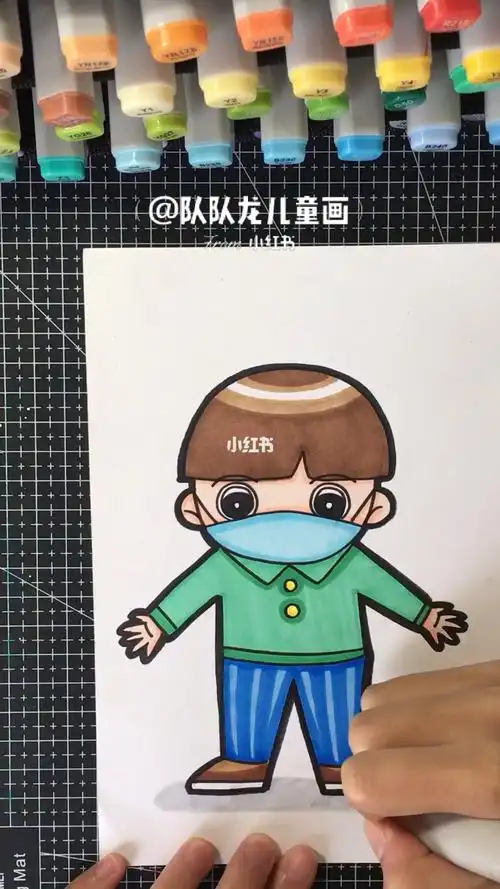 最简单的戴口罩的人物儿童画简笔画素材 马克笔儿童画