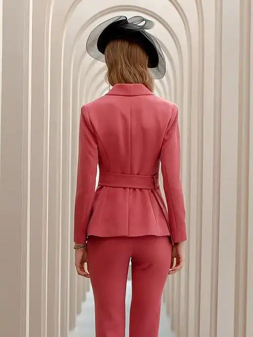 ad复古灰玫红系带职业装套装fcp008