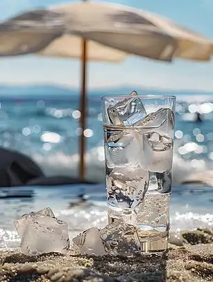 海滩上遮阳伞下,冰镇饮料杯中的冰块在阳光下闪闪发光