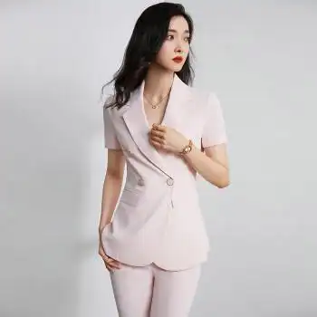 雨萌雅 女律师正装感精英职业套装夏季短袖西装九分裤两件套 粉色西装