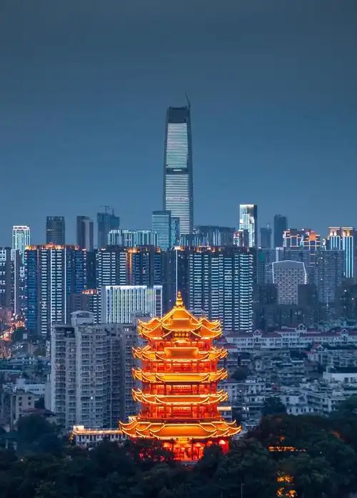 2021年7月,袁佳瑞拍摄的黄鹤楼与绿地中心同框.